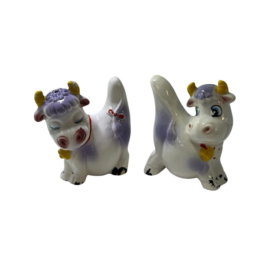 Vintage Anthropomorphic Cow Salt Pepper Porcelain Purple Hand Painted Japan